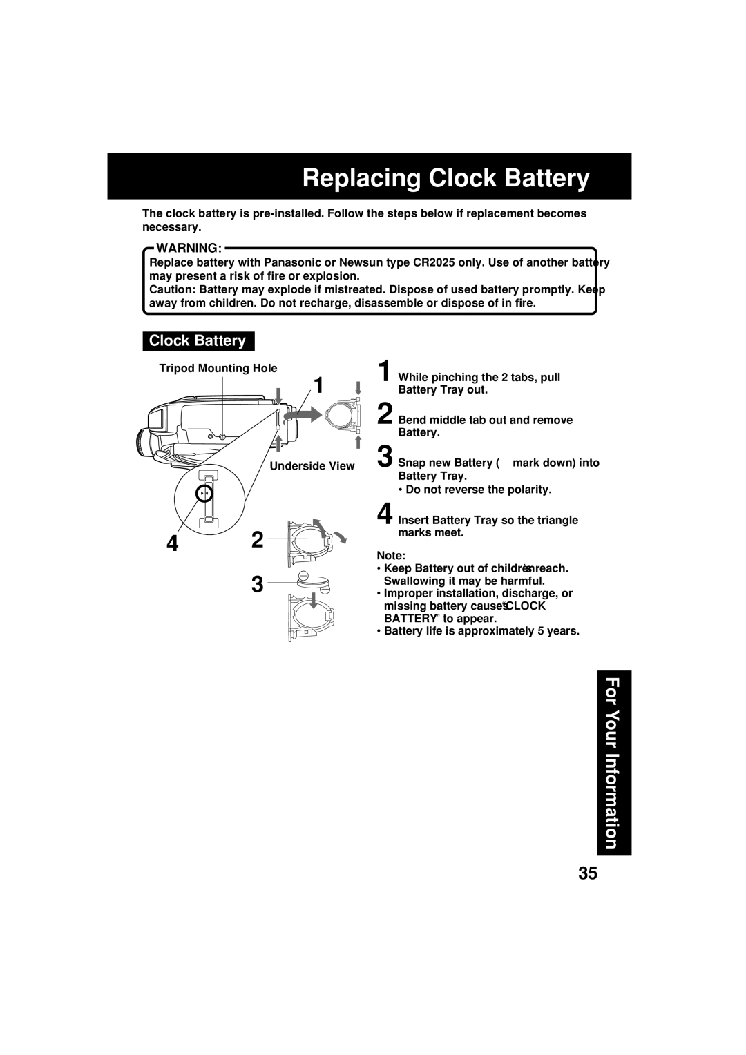 Panasonic VM-L153 operating instructions Replacing Clock Battery, Insert Battery Tray so the triangle marks meet 
