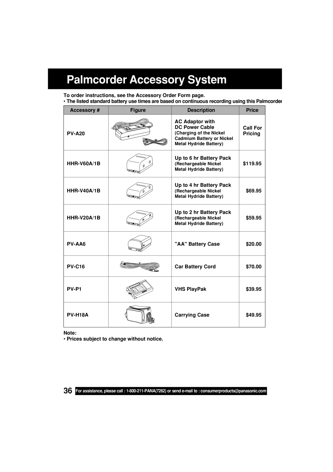 Panasonic VM-L153 operating instructions Palmcorder Accessory System, PV-AA6 