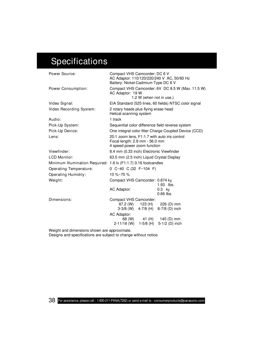Panasonic VM-L153 operating instructions Specifications 