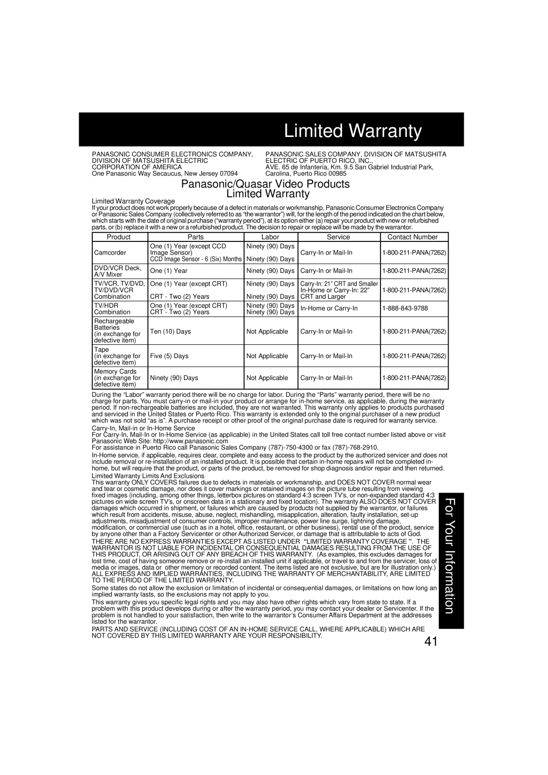 Panasonic VM-L153 operating instructions Panasonic/Quasar Video Products Limited Warranty 