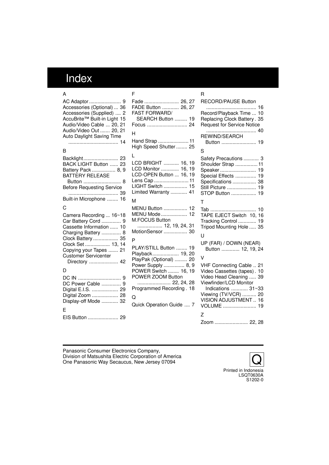 Panasonic VM-L153 operating instructions Index, Fast Forward 