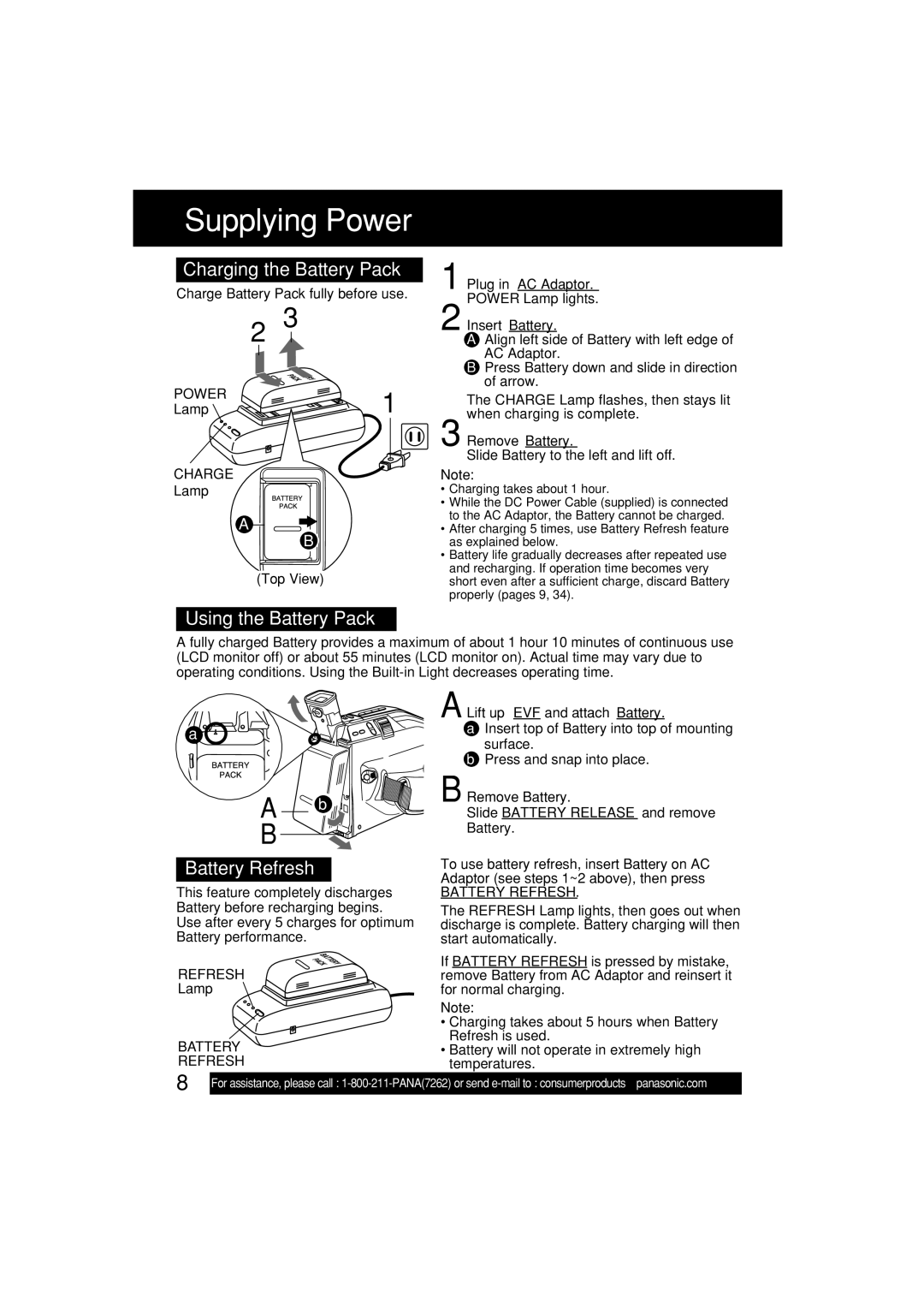 Panasonic VM-L153 operating instructions Supplying Power, Using the Battery Pack, Battery Refresh 