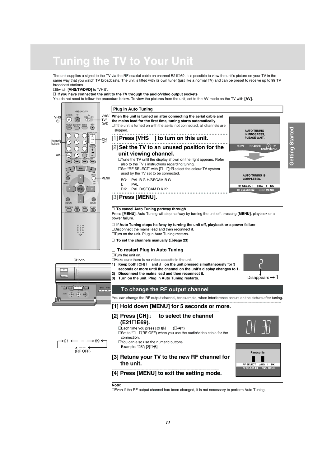 Panasonic VP-31GN manual Tuning the TV to Your Unit, To change the RF output channel 