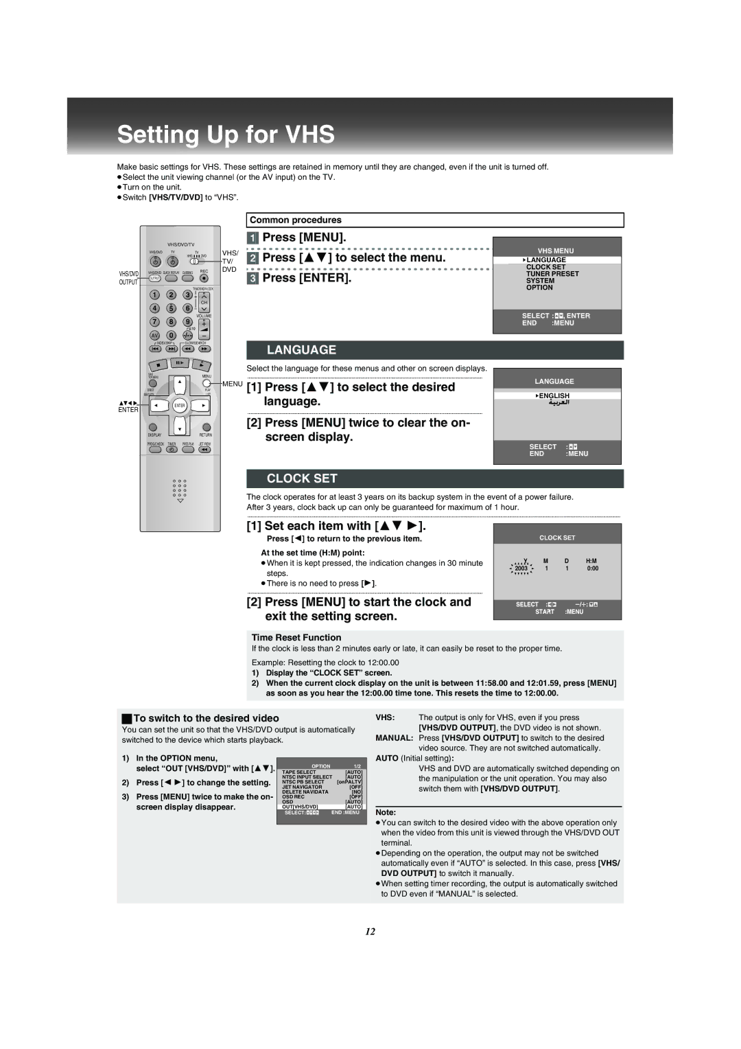 Panasonic VP-31GN manual Setting Up for VHS, Language, Clock SET 