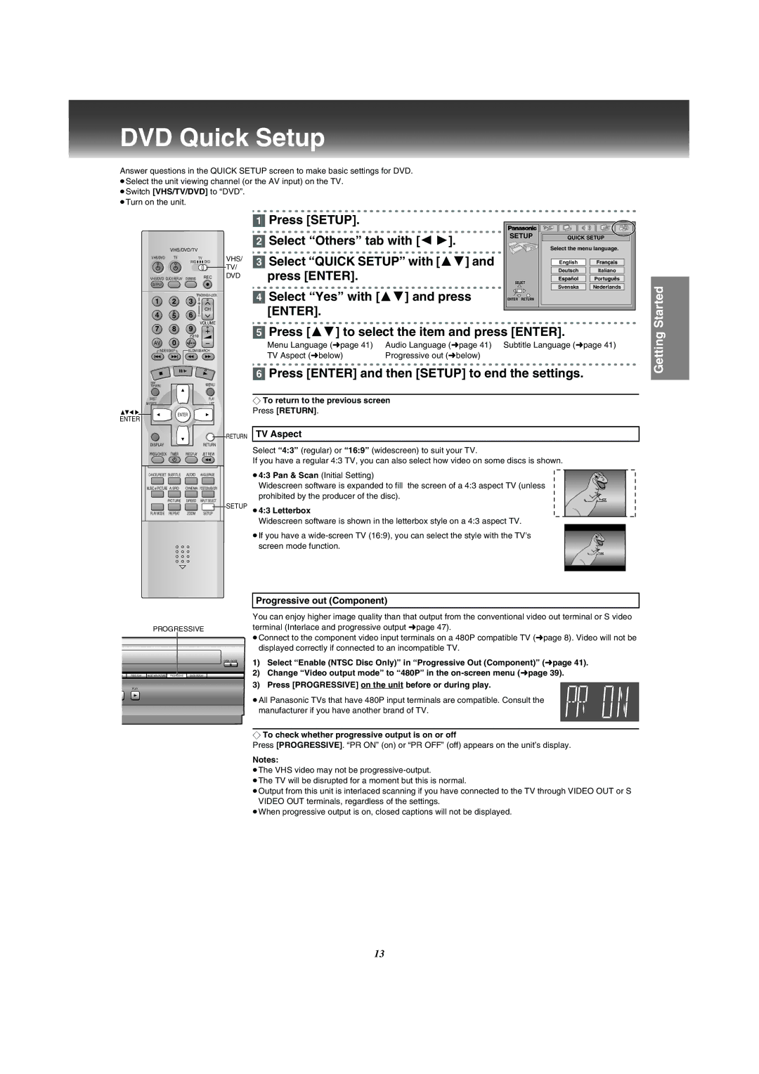 Panasonic VP-31GN manual DVD Quick Setup, Press 34 to select the item and press Enter, TV Aspect, Progressive out Component 