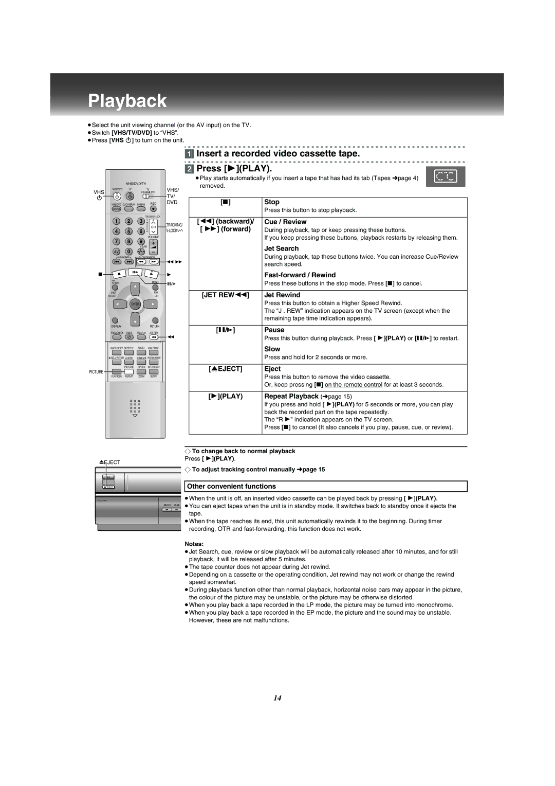 Panasonic VP-31GN manual Playback, Insert a recorded video cassette tape, Press 1PLAY 