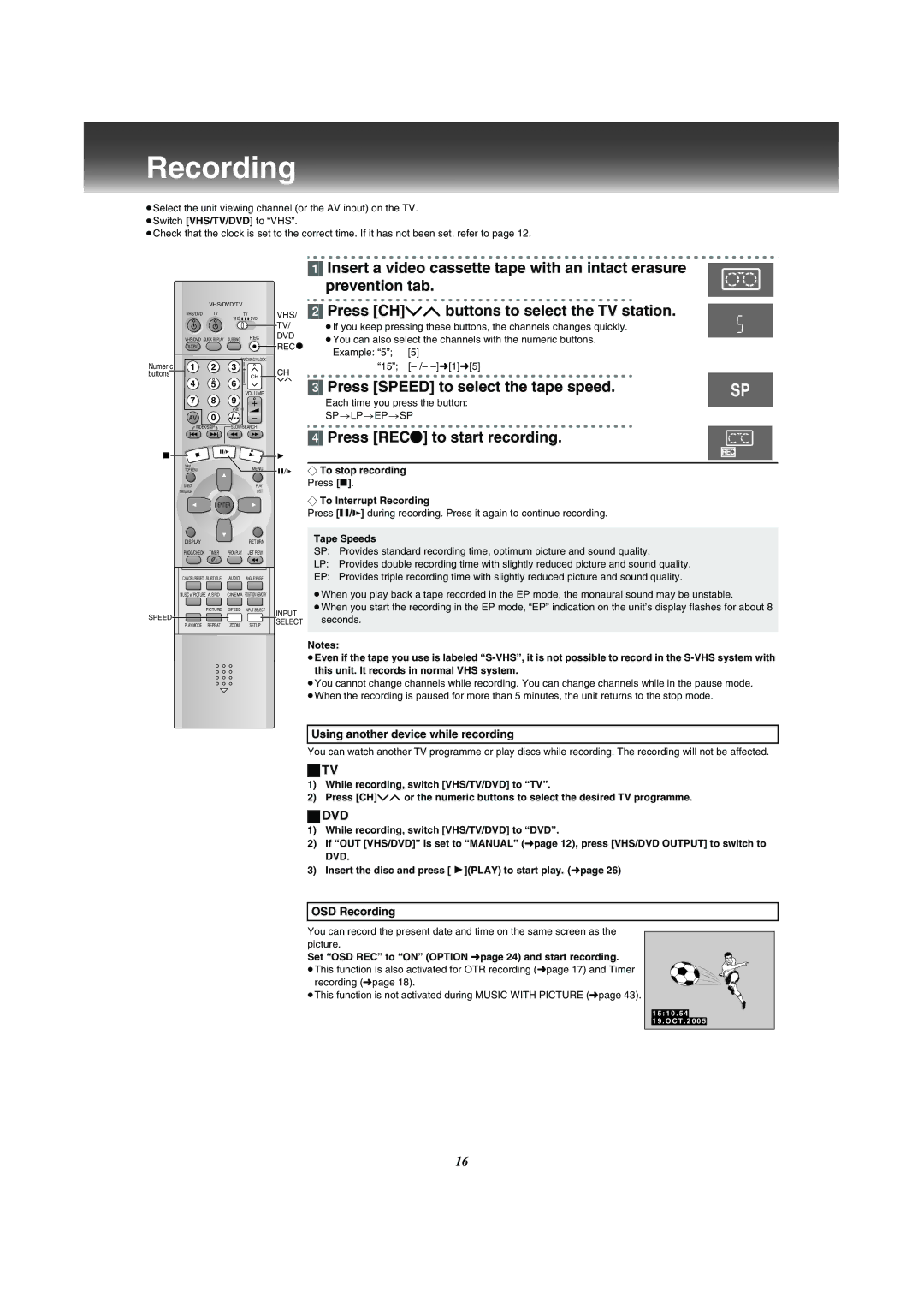 Panasonic VP-31GN manual Recording, Press CH IJ buttons to select the TV station, Press Speed to select the tape speed, Dvd 