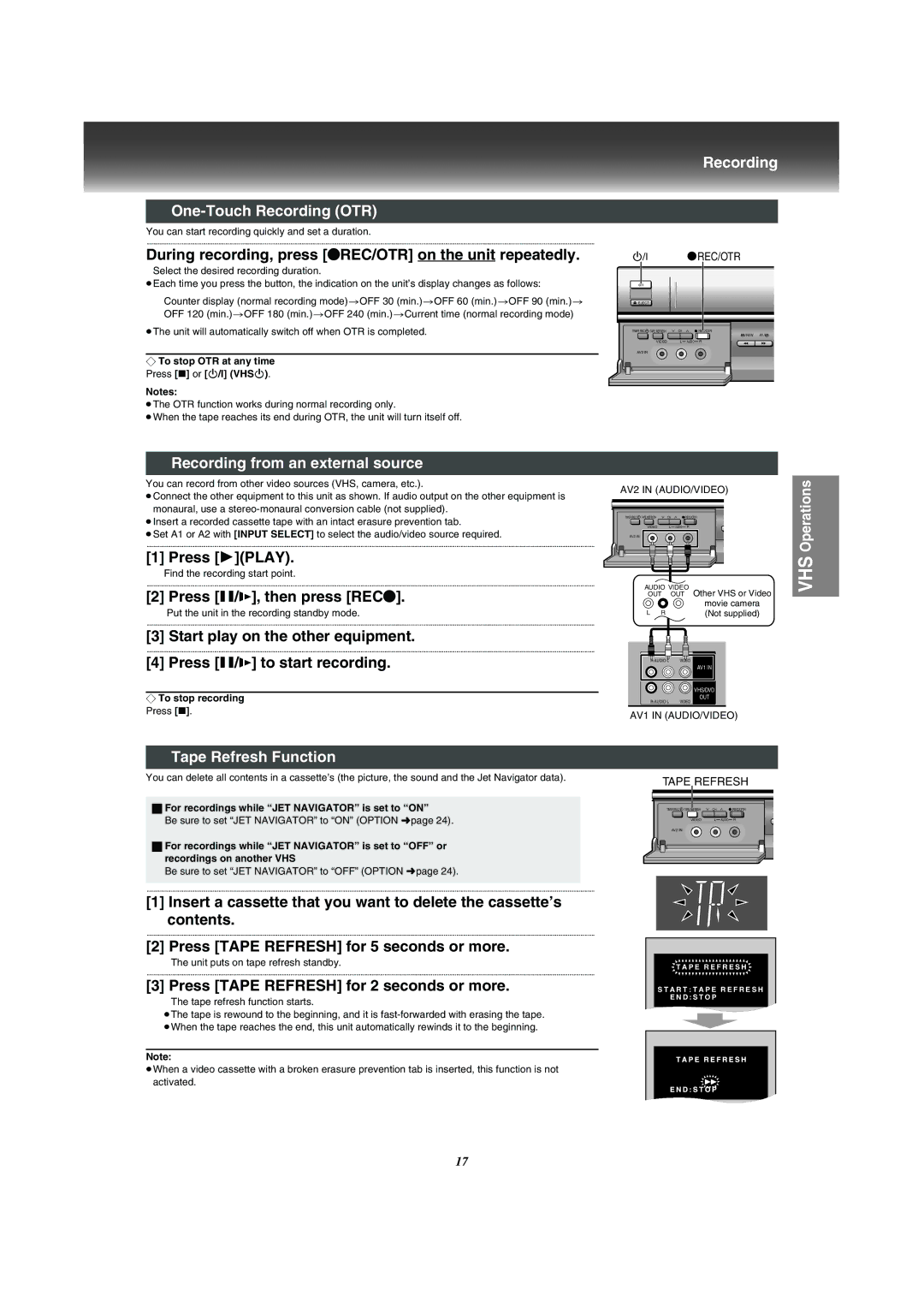 Panasonic VP-31GN manual One-Touch Recording OTR, Recording from an external source, Tape Refresh Function 