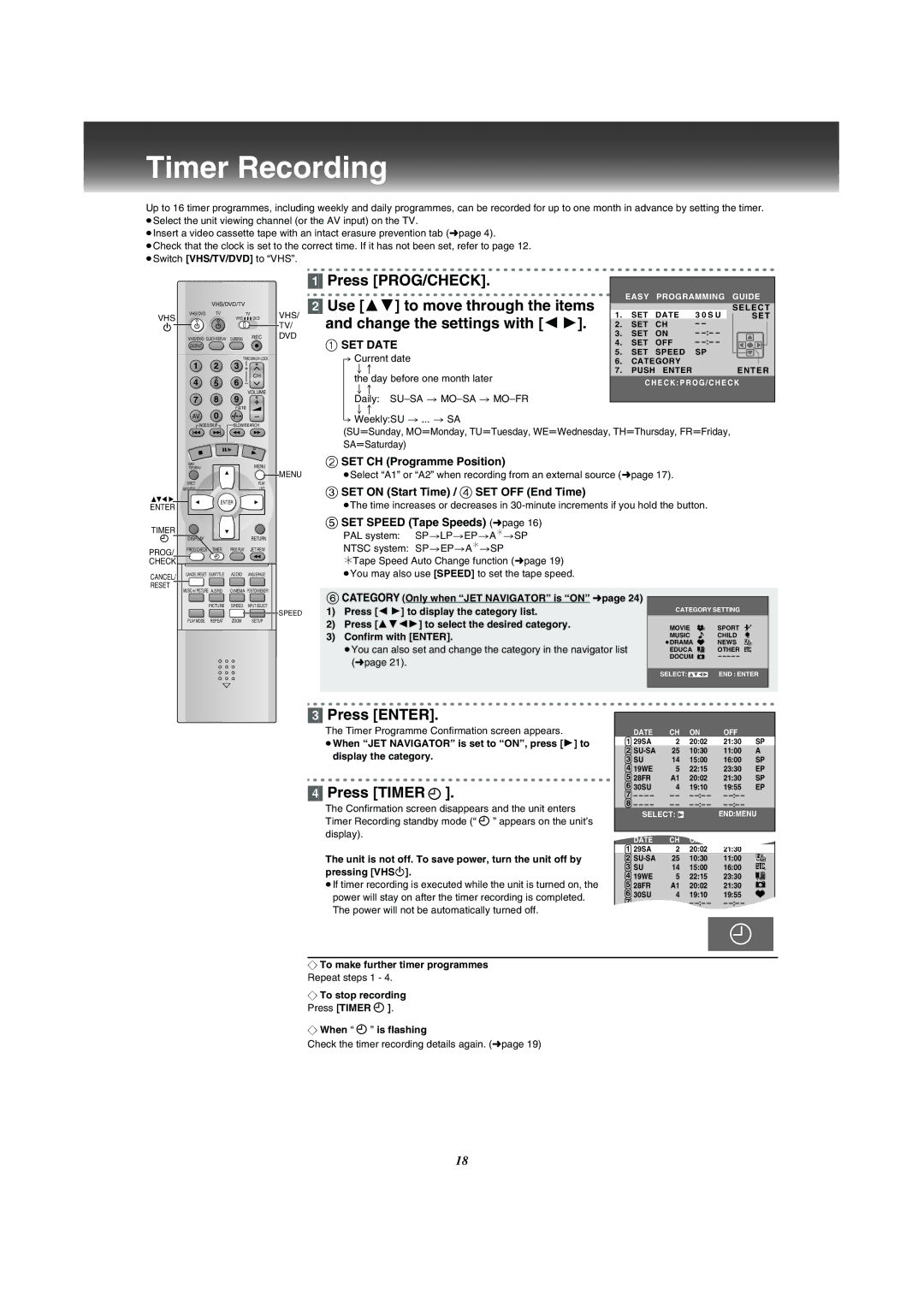 Panasonic VP-31GN manual Timer Recording, Press PROG/CHECK Use 34 to move through the items, Change the settings with 2 