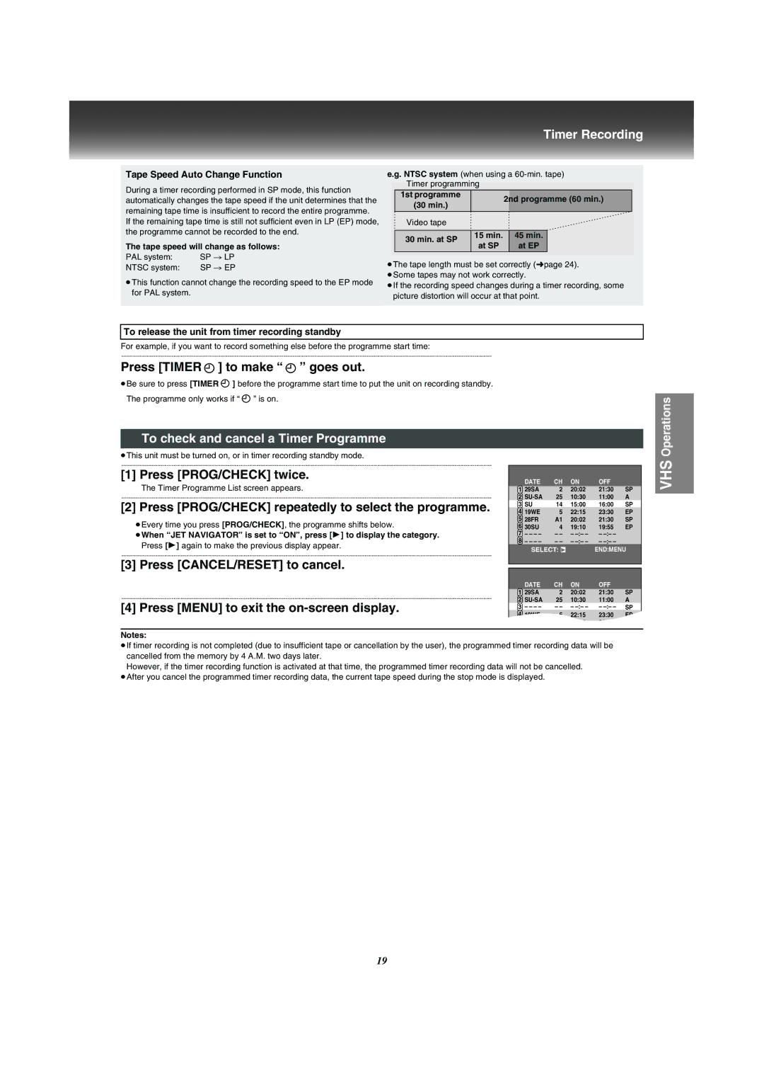 Panasonic VP-31GN manual Timer Recording, To check and cancel a Timer Programme 