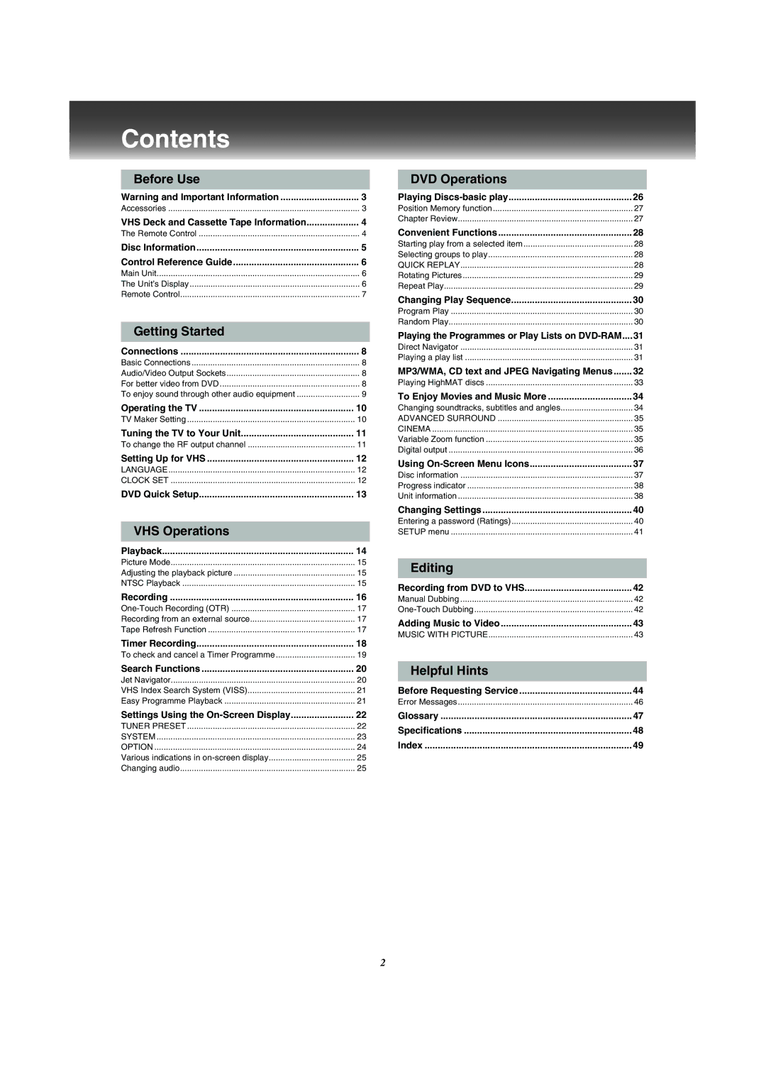Panasonic VP-31GN manual Contents 