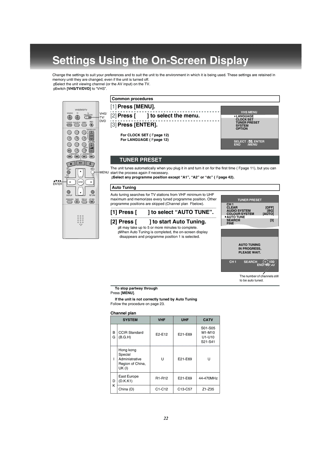 Panasonic VP-31GN manual Settings Using the On-Screen Display, TV/ 2 Press 34 to select the menu, Tuner Preset 