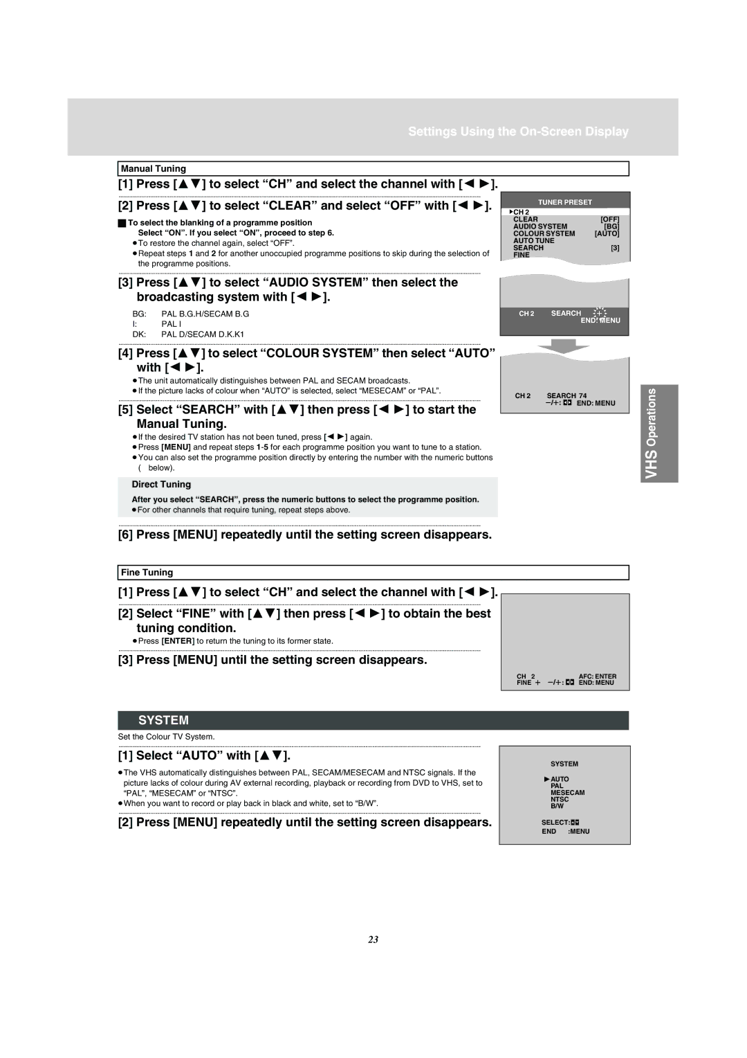 Panasonic VP-31GN manual Settings Using the On-Screen Display, System 