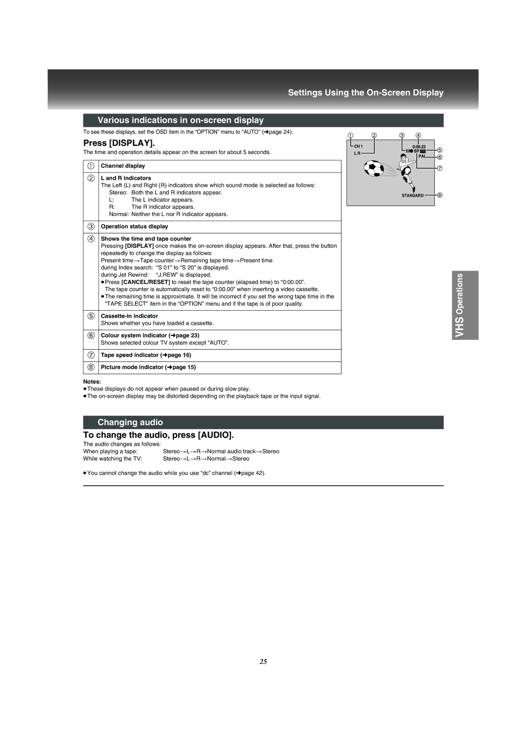 Panasonic VP-31GN manual Press Display, Changing audio, To change the audio, press Audio 