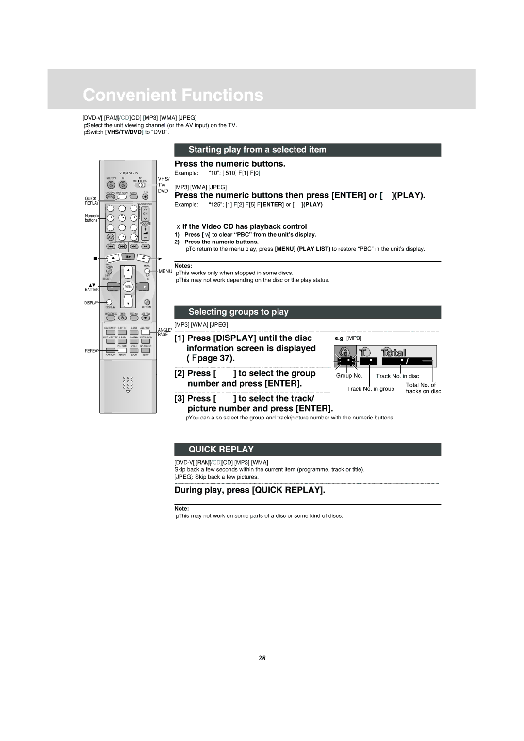 Panasonic VP-31GN manual Convenient Functions, Starting play from a selected item, Selecting groups to play, Quick Replay 