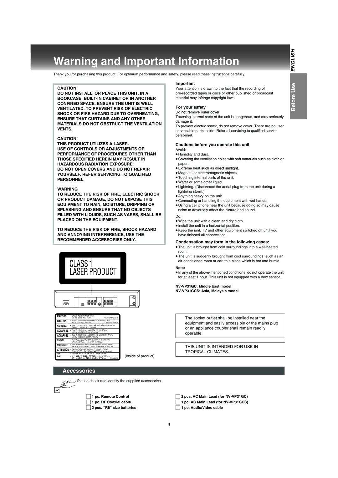 Panasonic VP-31GN manual Accessories, For your safety, Condensation may form in the following cases, Inside of product 