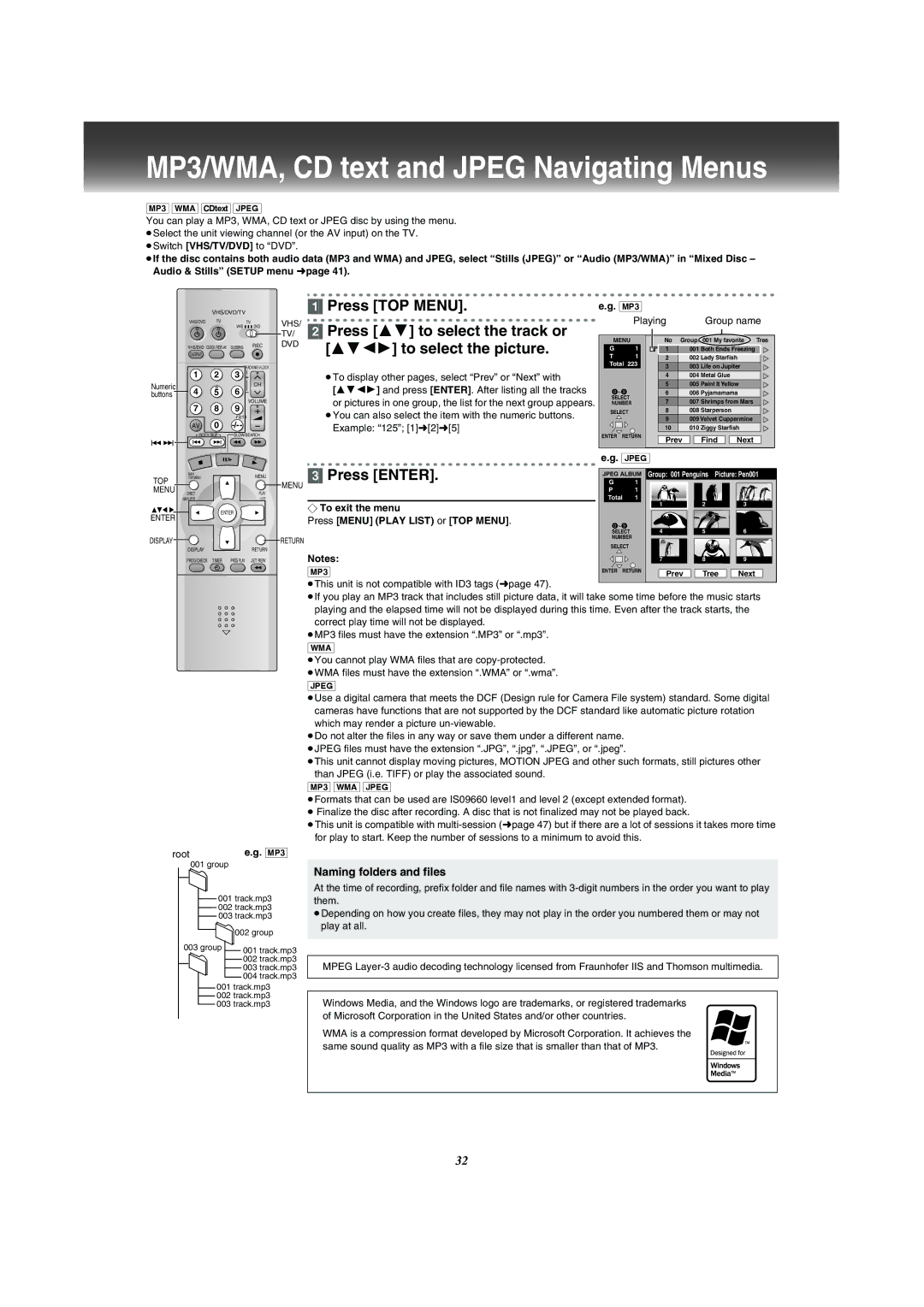 Panasonic VP-31GN manual MP3/WMA, CD text and Jpeg Navigating Menus, Press TOP Menu, Press 34 to select the track or 