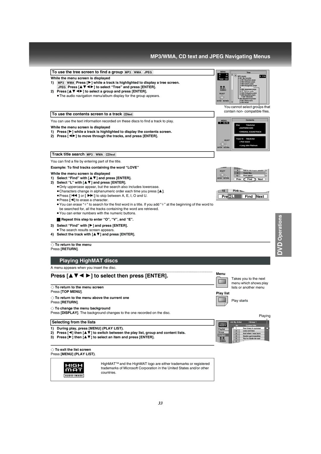 Panasonic VP-31GN manual MP3/WMA, CD text and Jpeg Navigating Menus, Playing HighMAT discs 