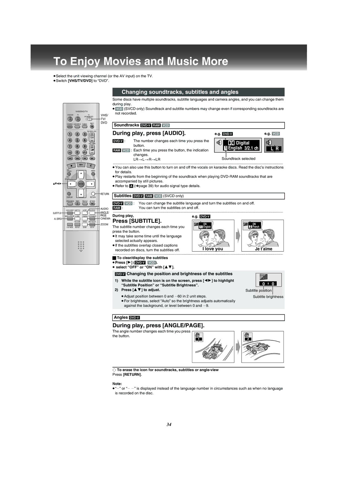 Panasonic VP-31GN To Enjoy Movies and Music More, Changing soundtracks, subtitles and angles, During play, press Audio 