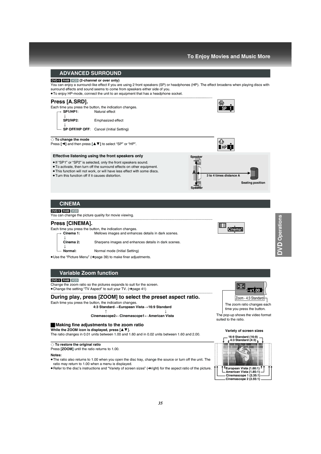 Panasonic VP-31GN manual To Enjoy Movies and Music More, Advanced Surround, Cinema, Variable Zoom function 