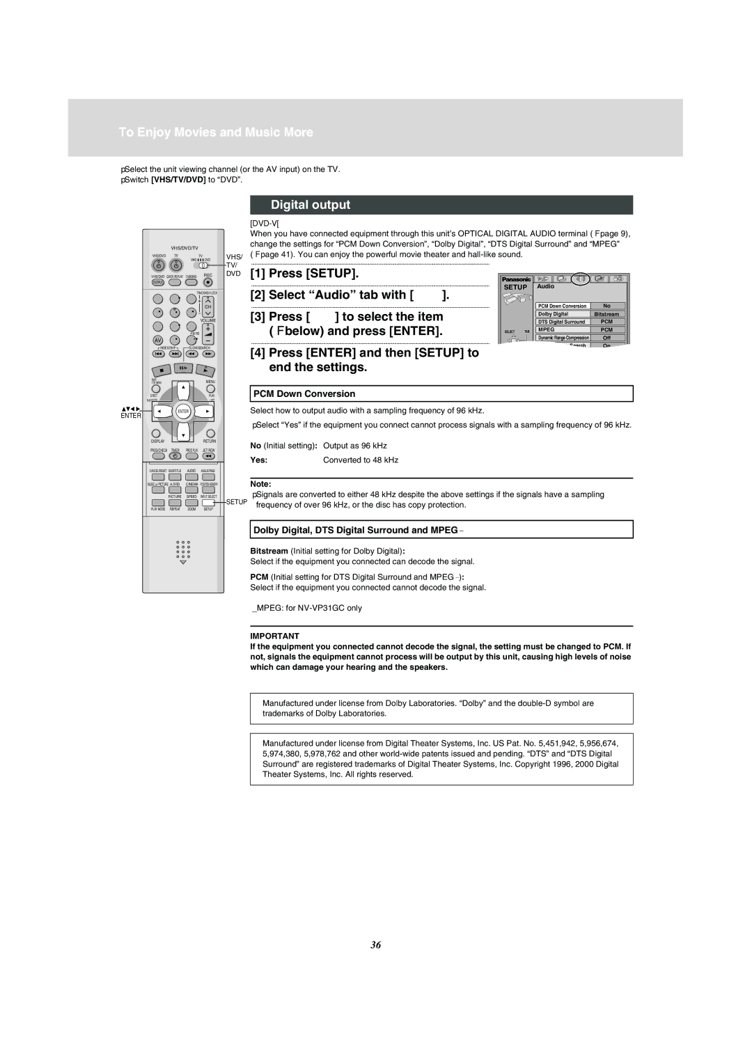 Panasonic VP-31GN manual Digital output, Press Setup, Select Audio tab with 2, Lbelow and press Enter 