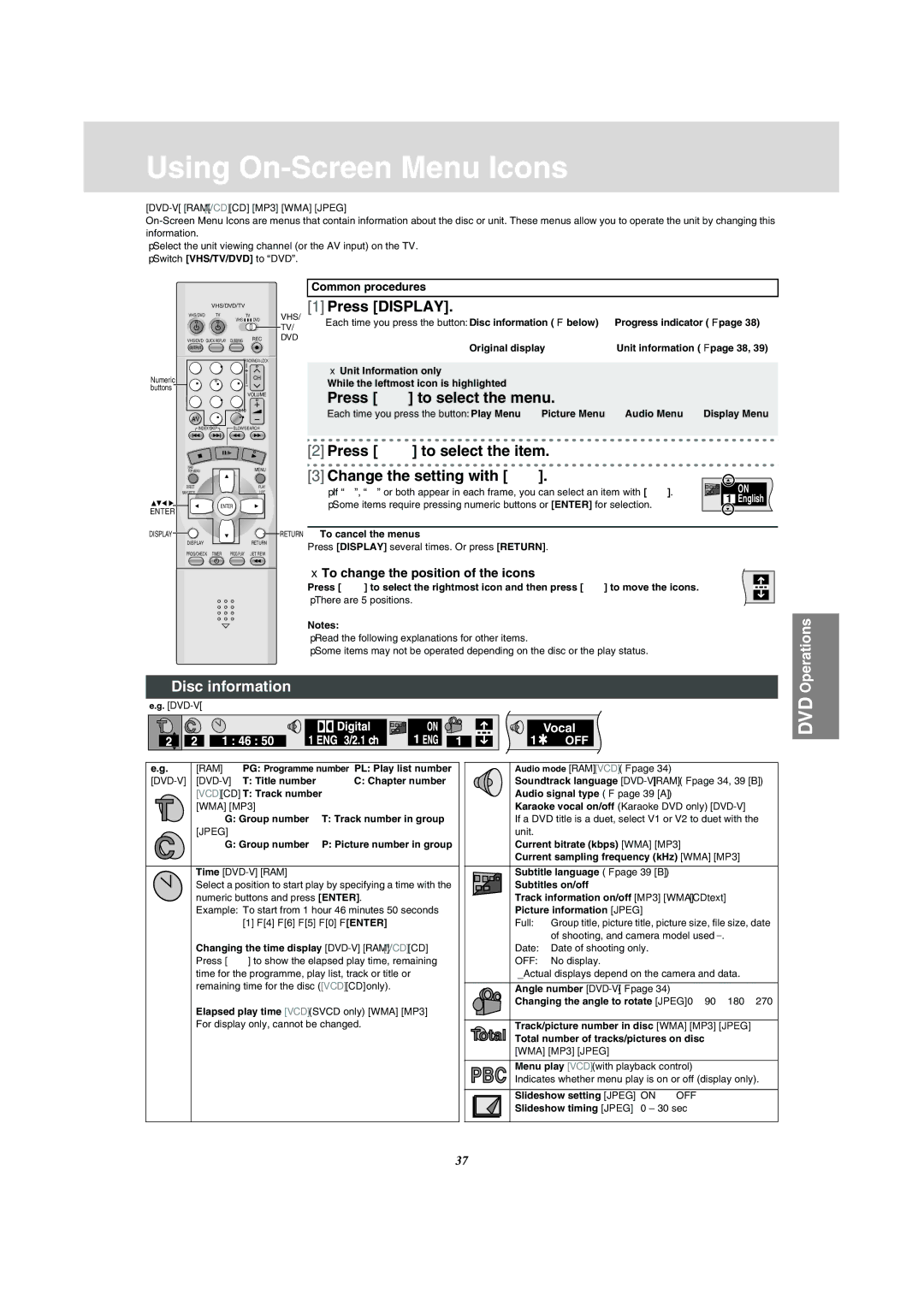 Panasonic VP-31GN manual Using On-Screen Menu Icons, Press 2 1 to select the item Change the setting with, Disc information 