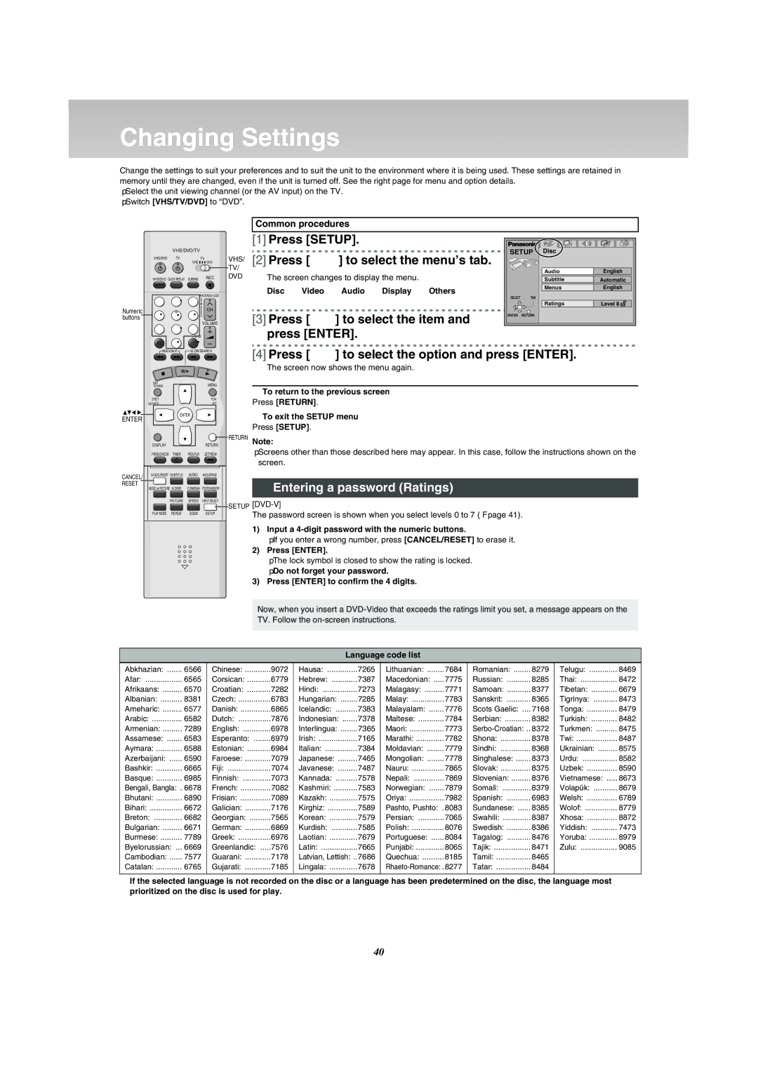 Panasonic VP-31GN manual Changing Settings, Press 2 1 to select the menu’s tab, Press 34 to select the item 