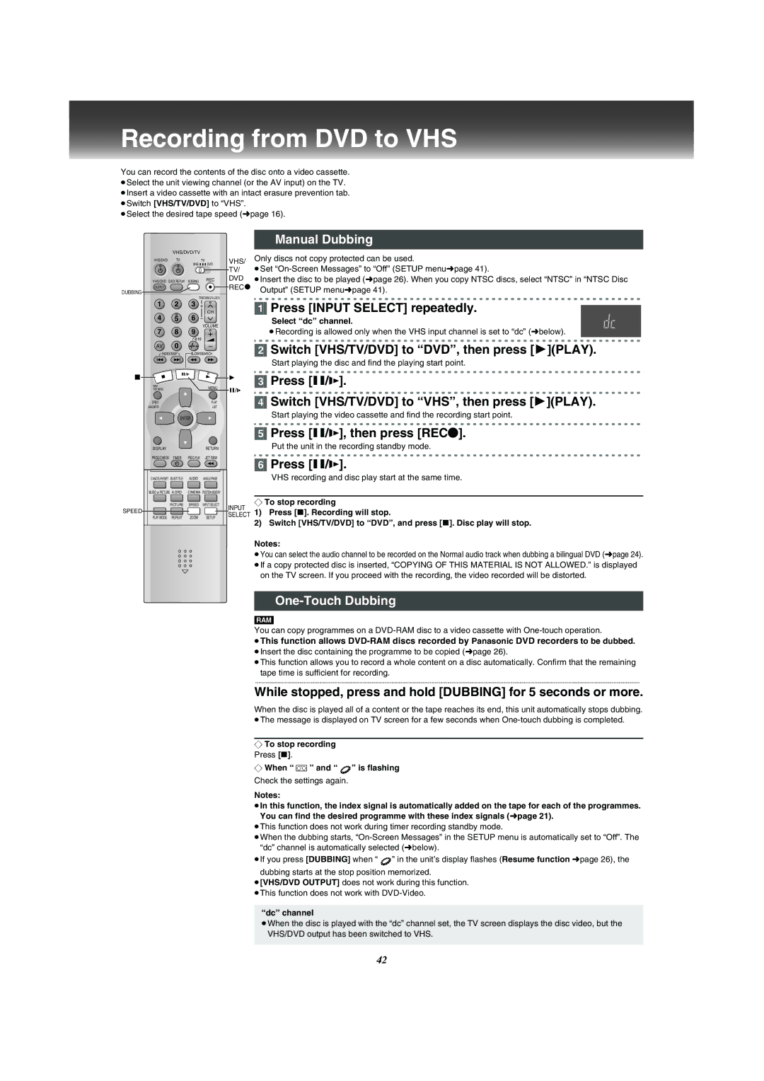 Panasonic VP-31GN manual Recording from DVD to VHS, Manual Dubbing, One-Touch Dubbing 