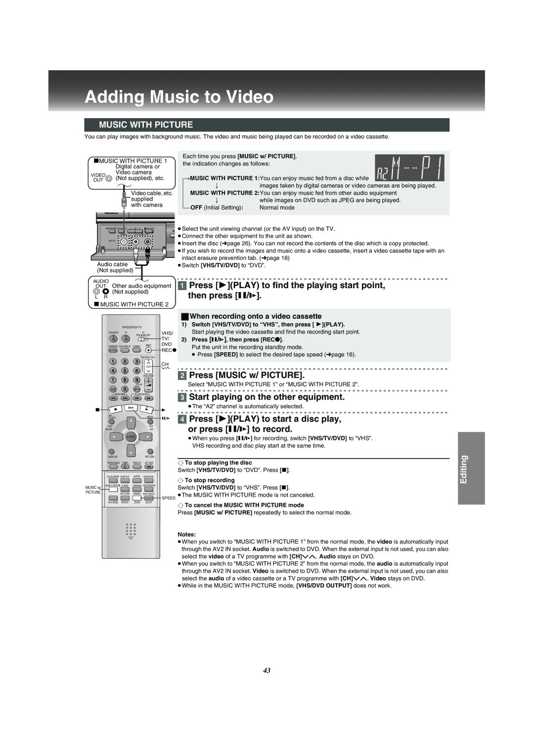 Panasonic VP-31GN manual Adding Music to Video, Music with Picture 