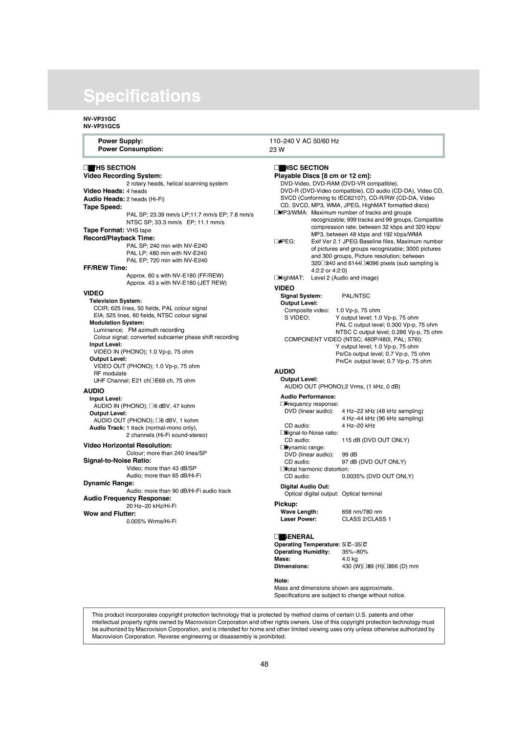 Panasonic VP-31GN manual Specifications 