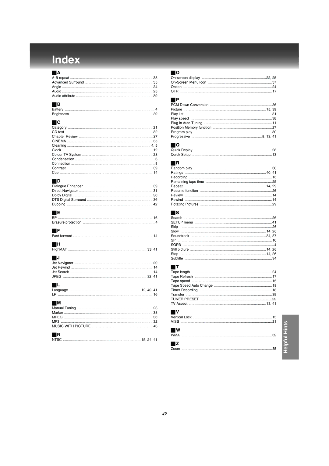 Panasonic VP-31GN manual Index, Language, Ntsc, Wma 