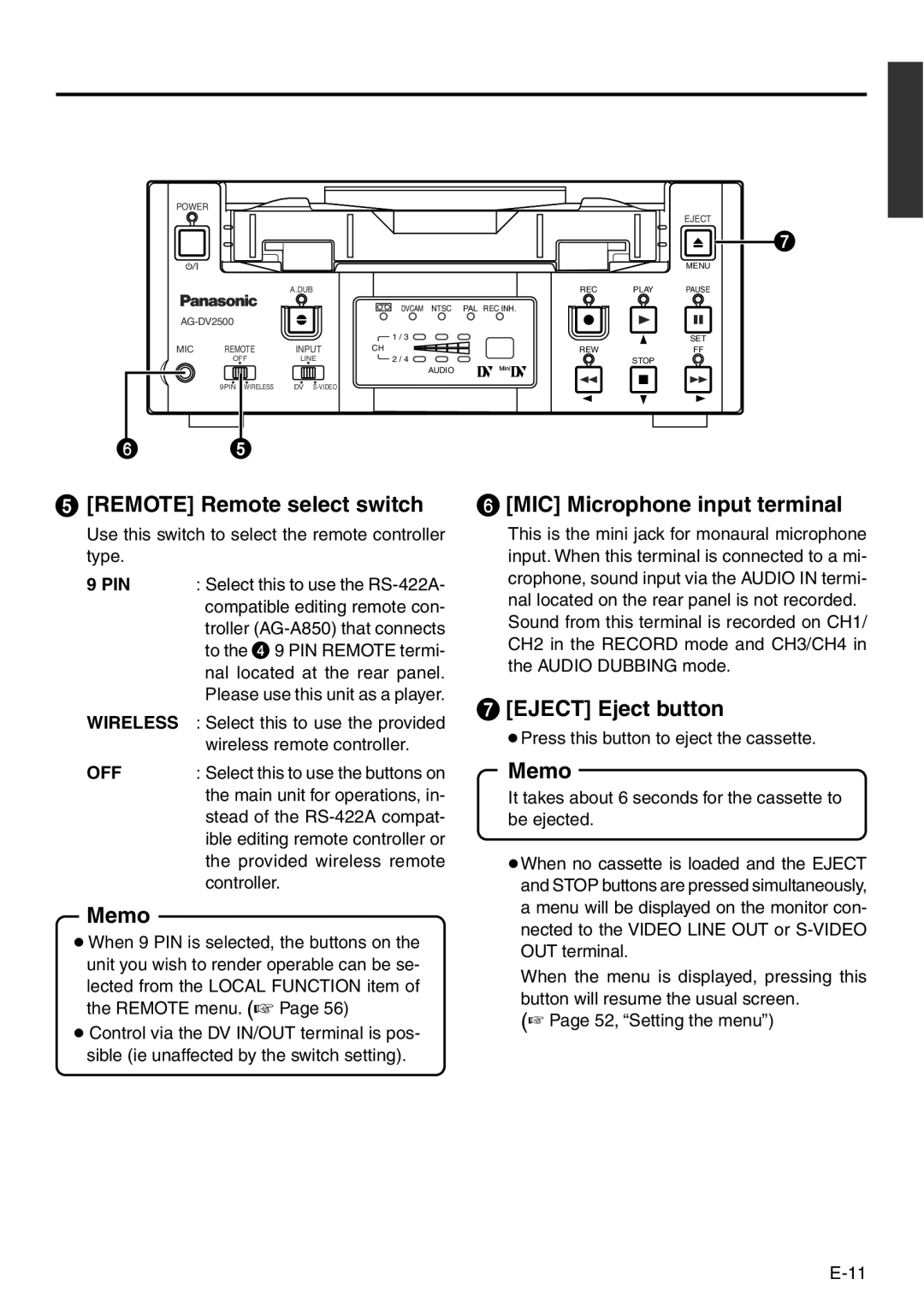 Panasonic VQT0C55 manual Remote Remote select switch, MIC Microphone input terminal, Eject Eject button, Pin, Off 