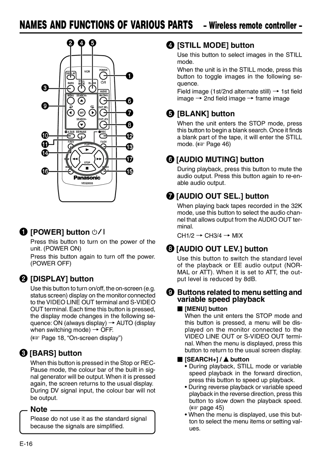 Panasonic VQT0C55 manual Power button f, Display button, Bars button, Still Mode button, Blank button, Audio Muting button 