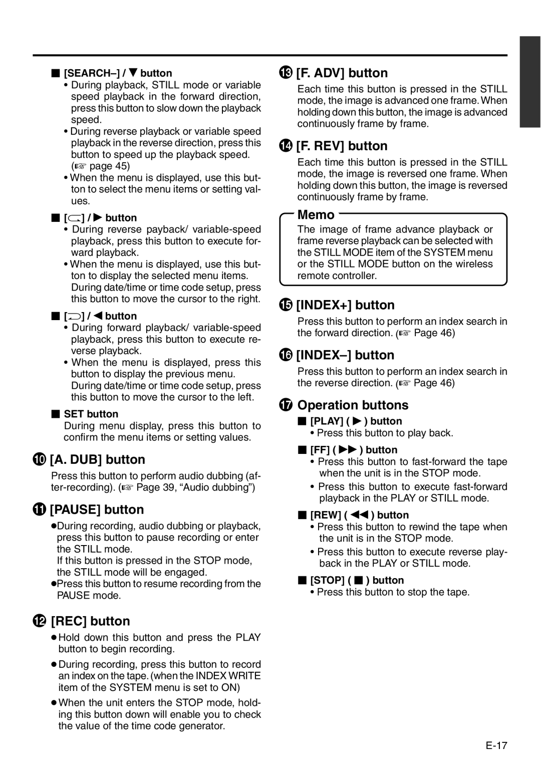 Panasonic VQT0C55 DUB button, Pause button, # F. ADV button, $ F. REV button, INDEX+ button, INDEX- button, @ REC button 