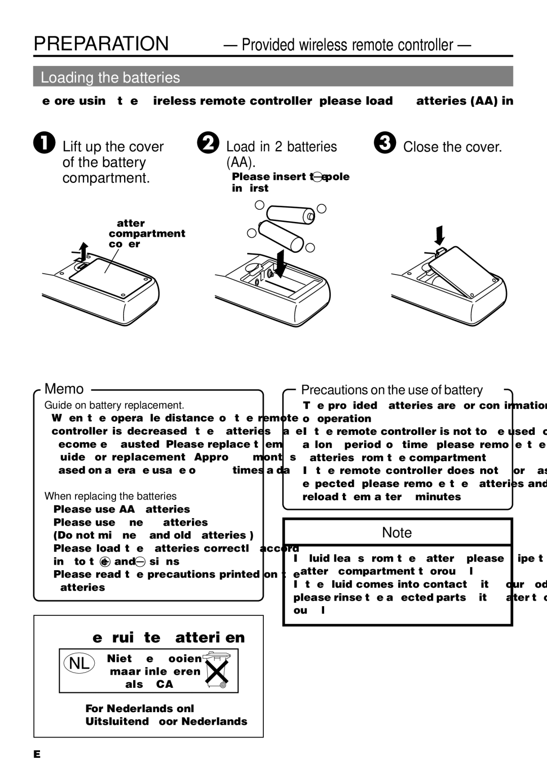 Panasonic VQT0C55 Preparation Provided wireless remote controller, Loading the batteries, Guide on battery replacement 