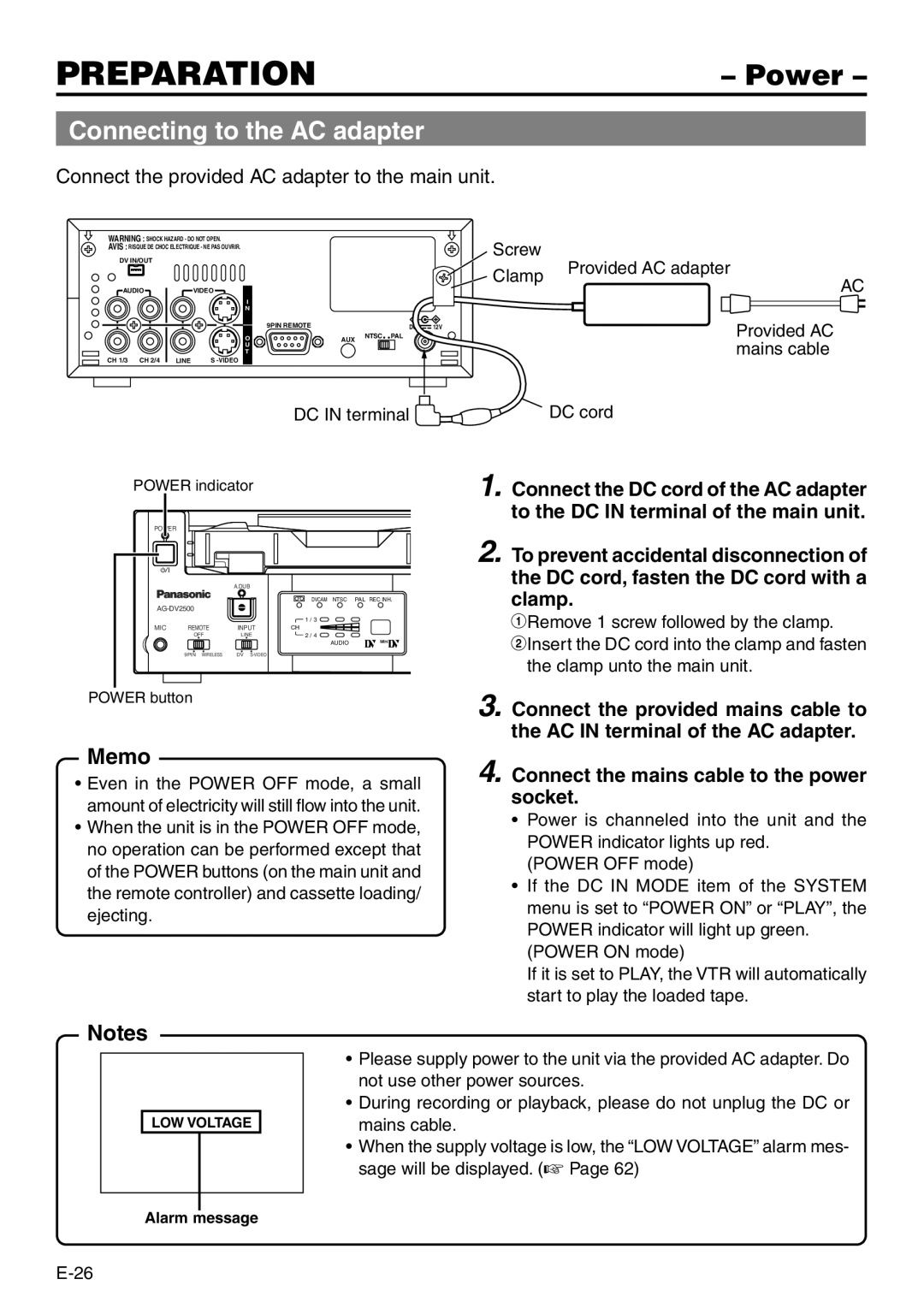 Panasonic VQT0C55 manual Preparation, Power, Connecting to the AC adapter, Screw, Clamp 