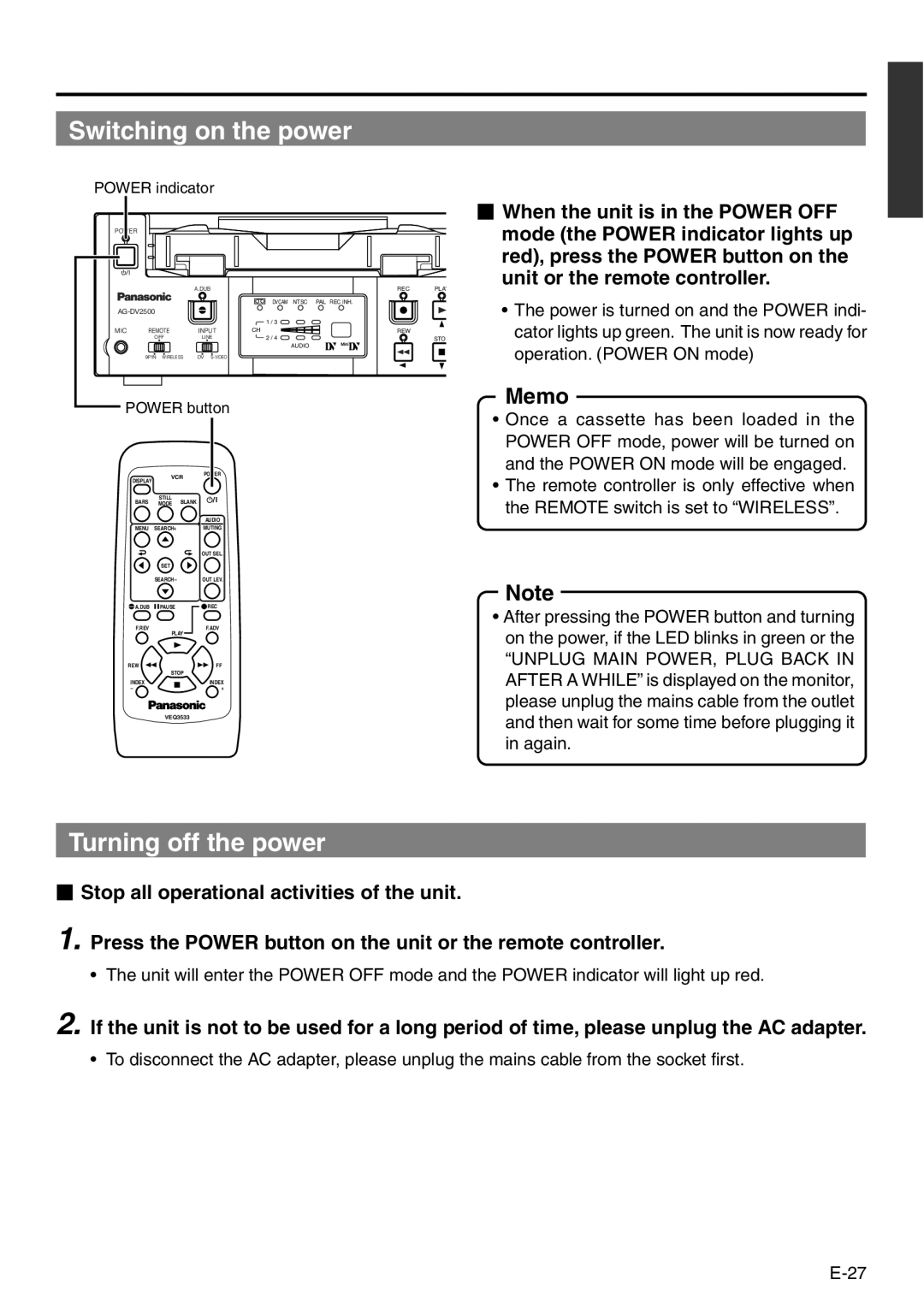 Panasonic VQT0C55 manual Switching on the power, Turning off the power 