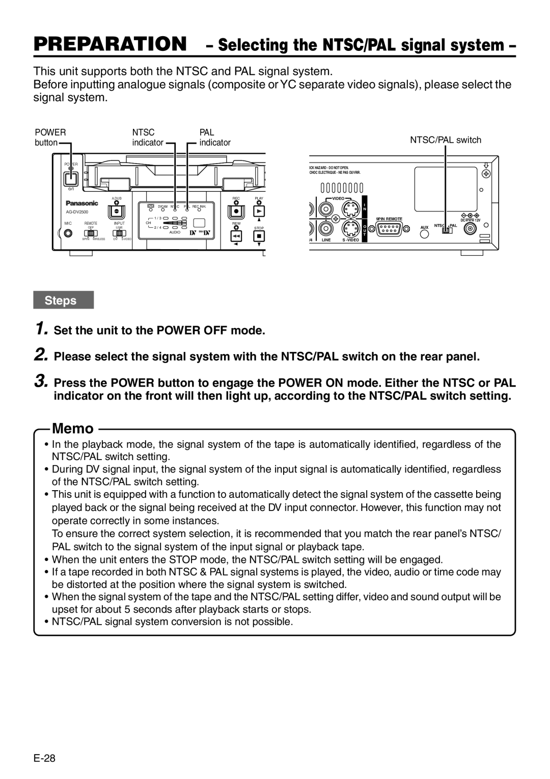 Panasonic VQT0C55 manual Preparation Selecting the NTSC/PAL signal system, Indicator 