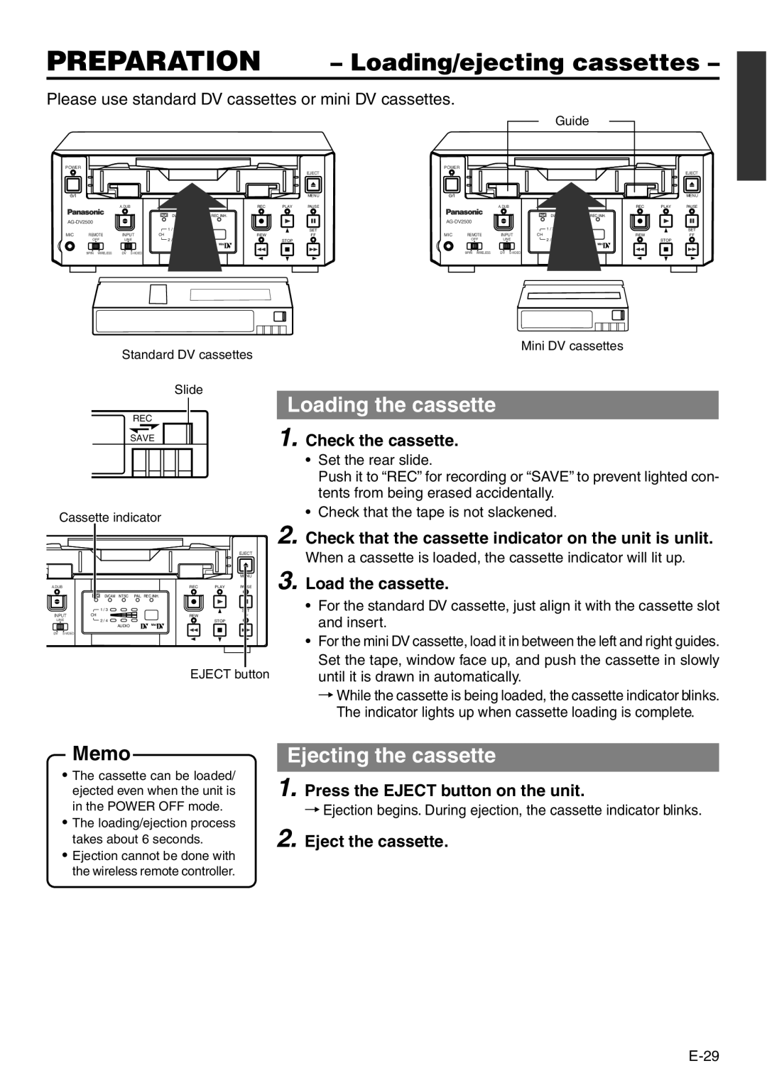 Panasonic VQT0C55 manual Preparation Loading/ejecting cassettes, Loading the cassette, Ejecting the cassette 