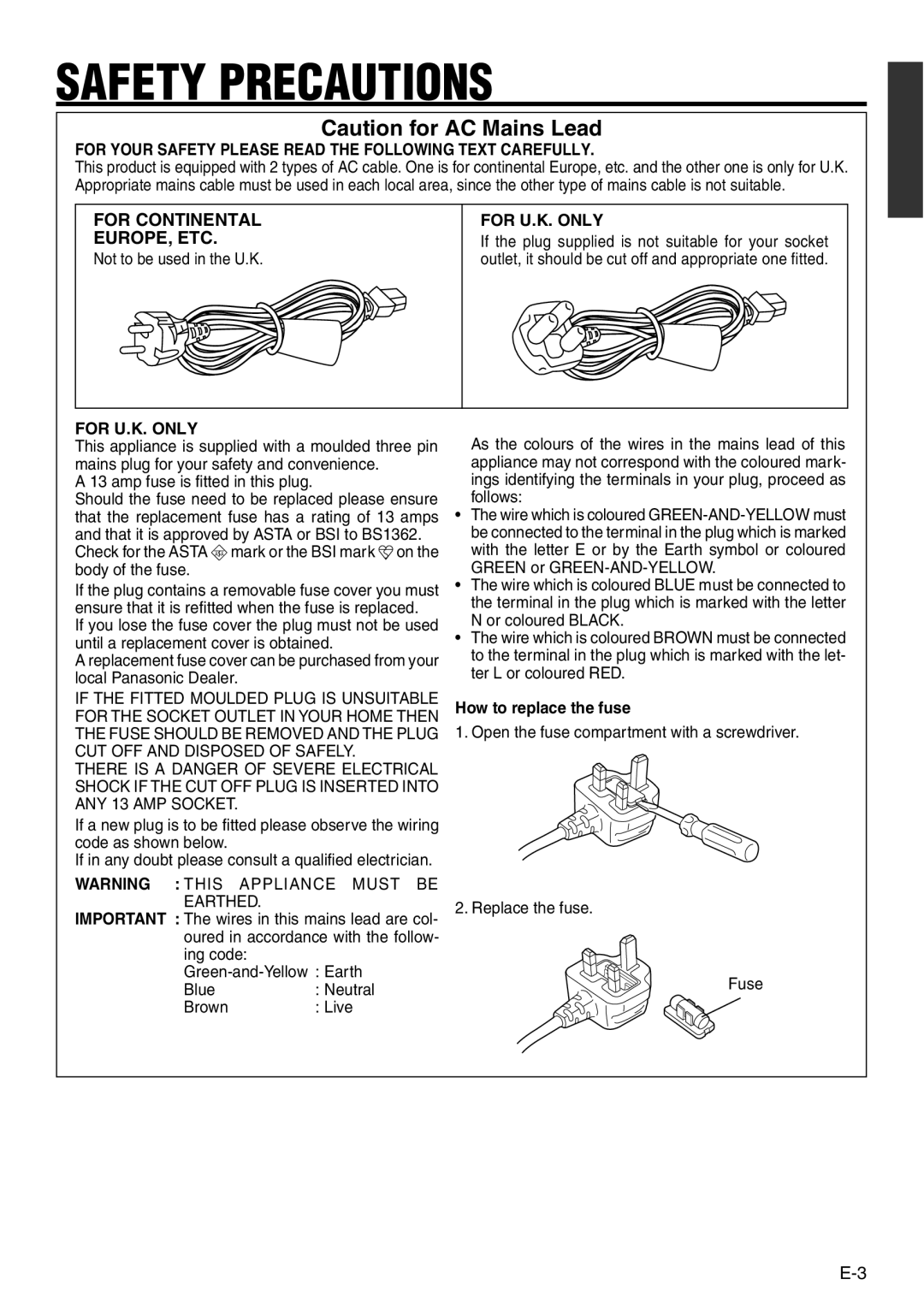 Panasonic VQT0C55 manual For Continental EUROPE, ETC, For Your Safety Please Read the Following Text Carefully 