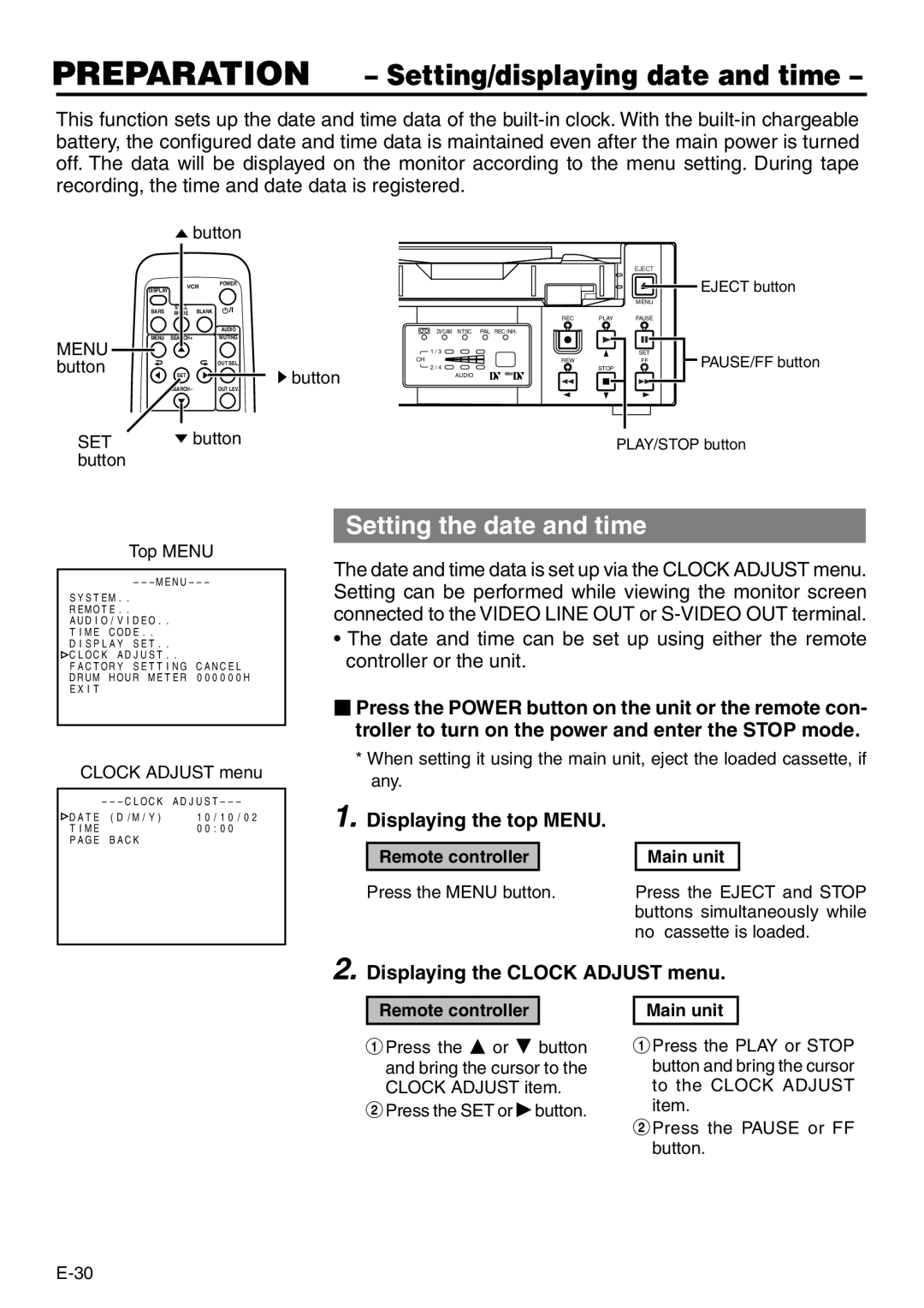 Panasonic VQT0C55 manual Preparation Setting/displaying date and time, Setting the date and time, Displaying the top Menu 