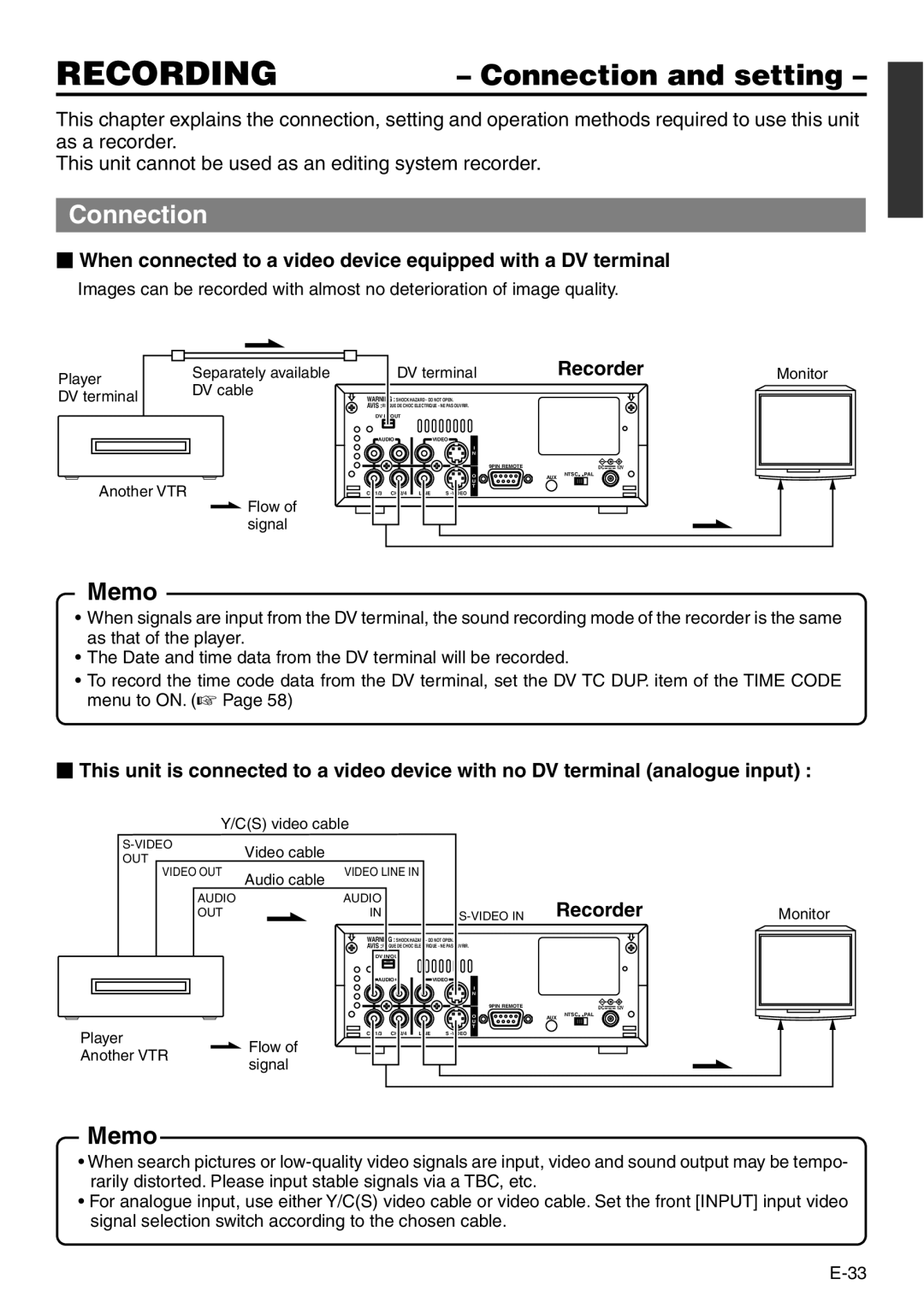 Panasonic VQT0C55 manual Recording, Connection and setting, Recorder 