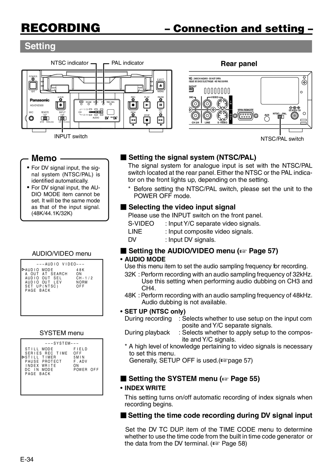 Panasonic VQT0C55 manual Setting 