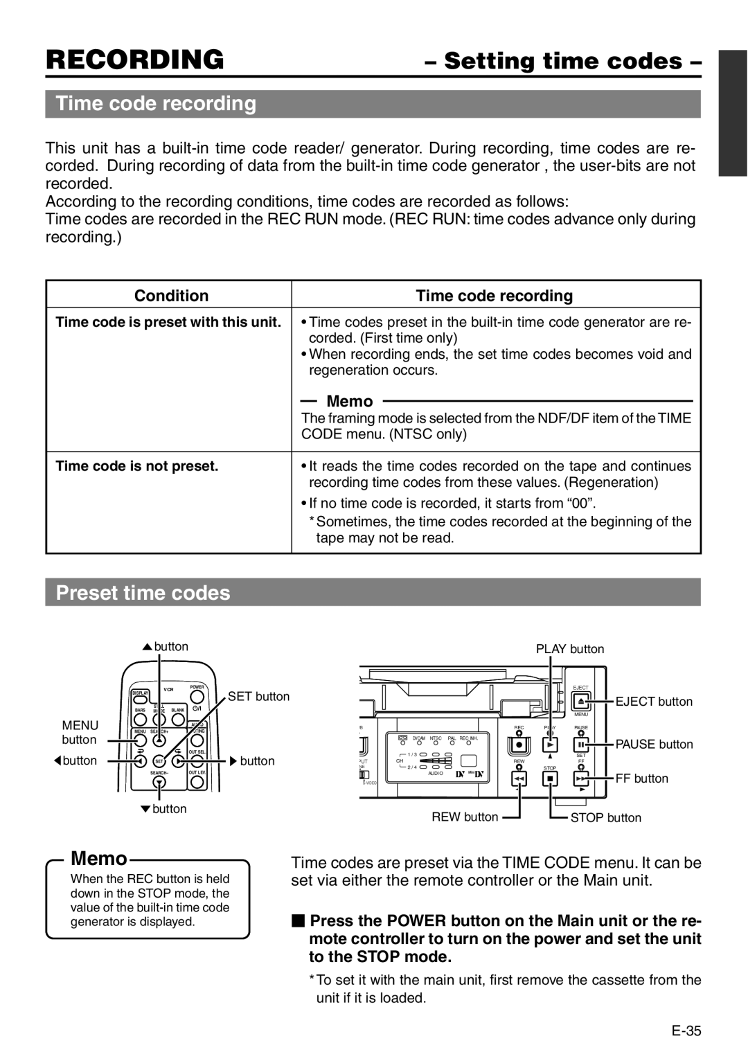 Panasonic VQT0C55 manual Setting time codes, Preset time codes, Condition Time code recording, Time code is not preset 