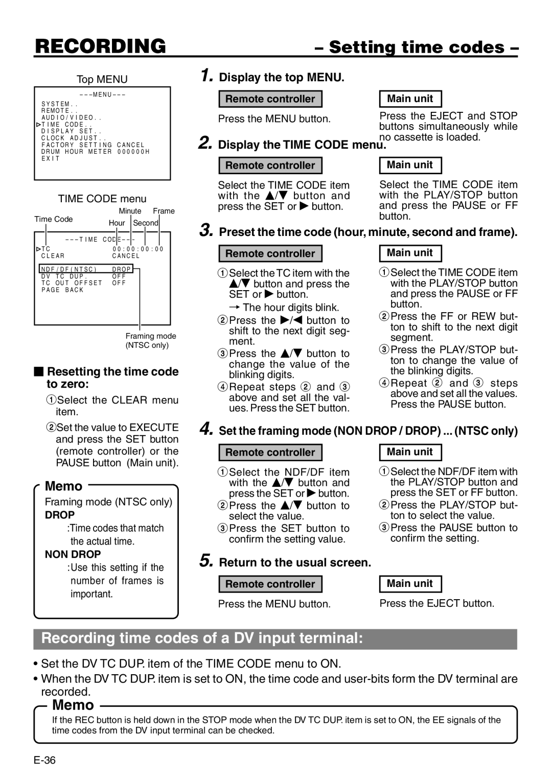 Panasonic VQT0C55 manual Recording time codes of a DV input terminal 