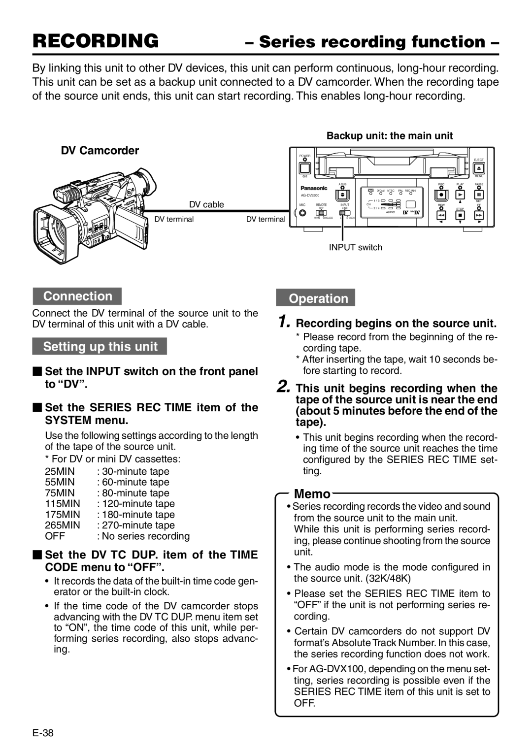 Panasonic VQT0C55 manual Series recording function, DV Camcorder, Set the DV TC DUP. item of the Time Code menu to OFF 