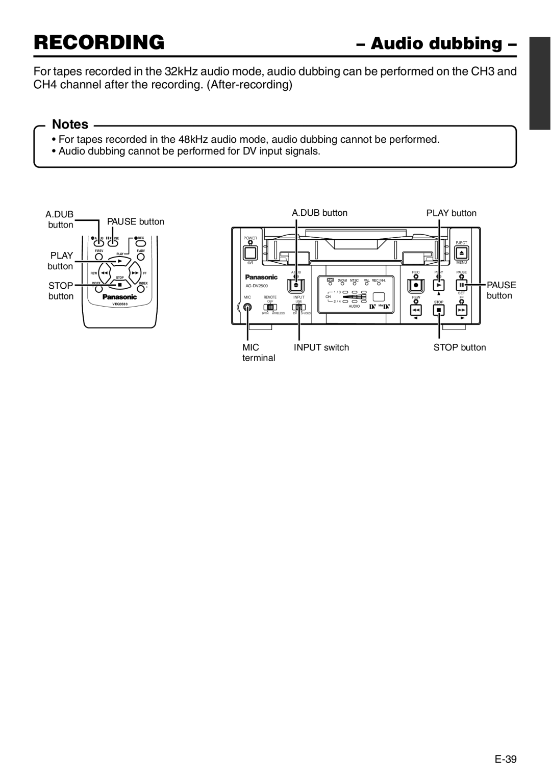 Panasonic VQT0C55 manual Audio dubbing, Stop 