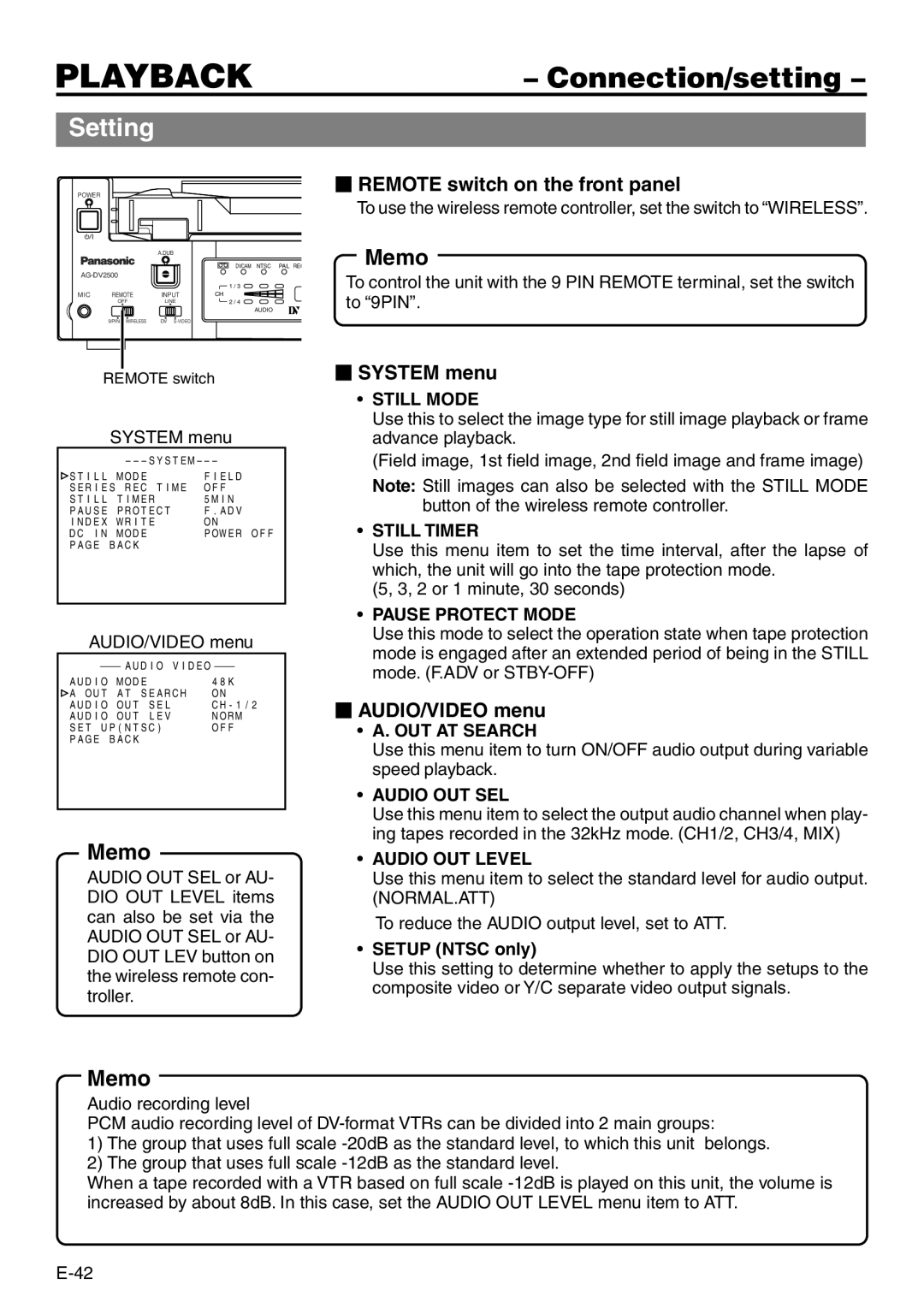 Panasonic VQT0C55 manual Remote switch on the front panel, System menu, AUDIO/VIDEO menu 