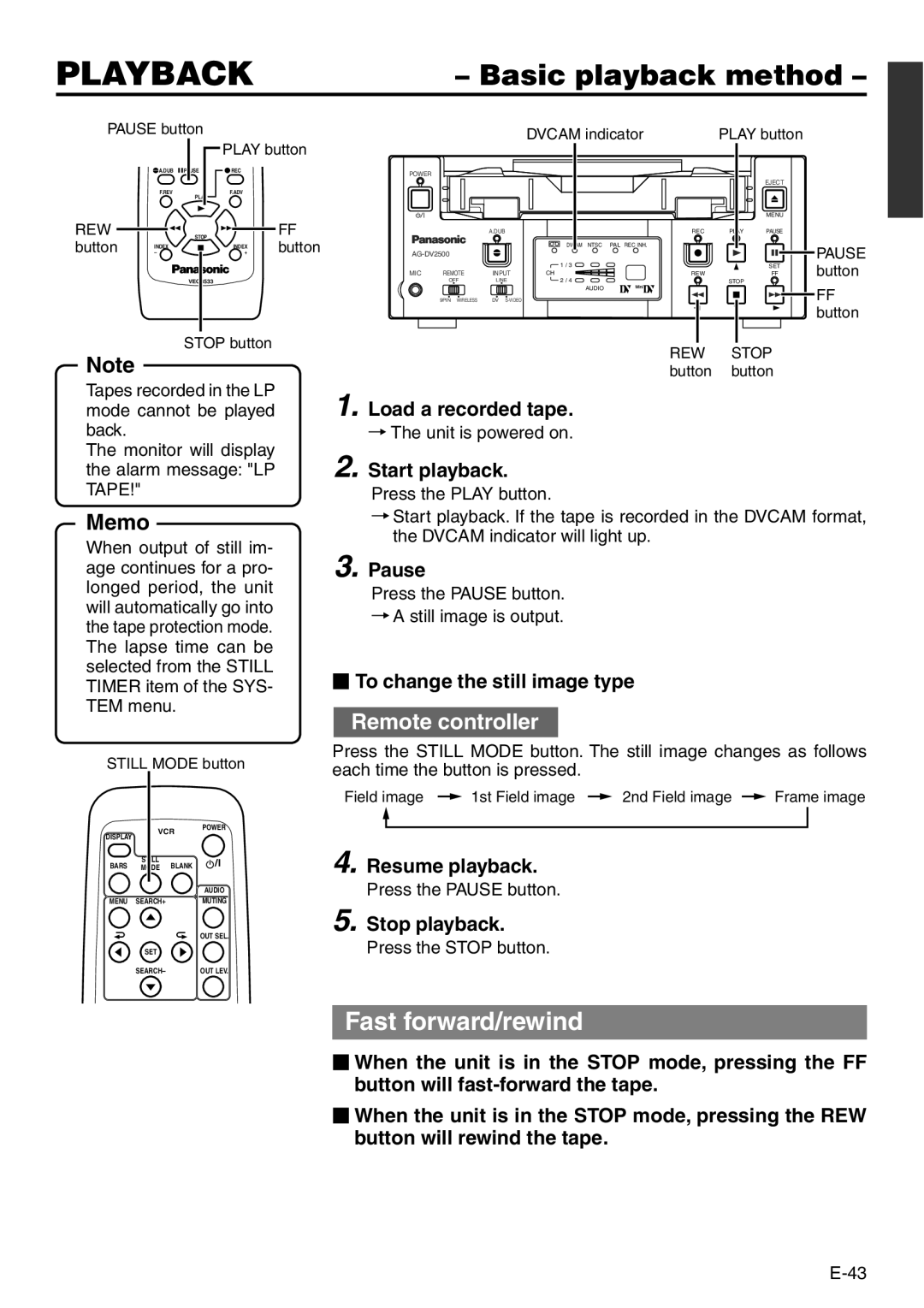 Panasonic VQT0C55 manual Basic playback method, Fast forward/rewind 