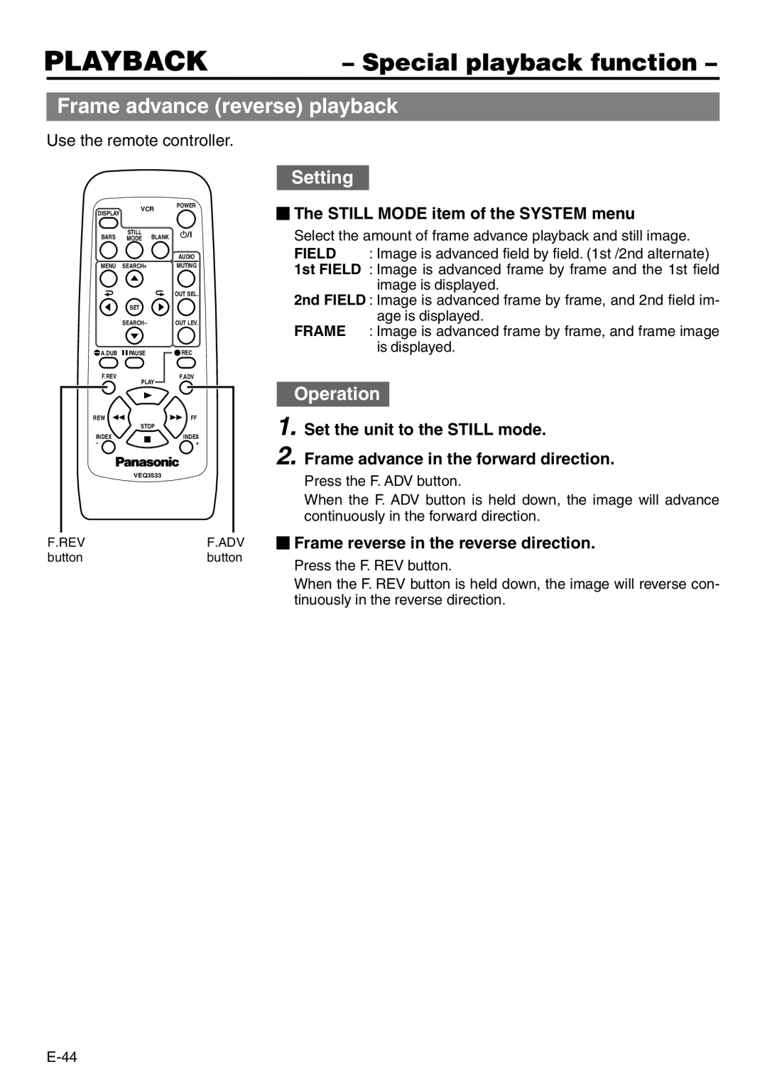 Panasonic VQT0C55 manual Special playback function, Frame advance reverse playback, Still Mode item of the System menu 